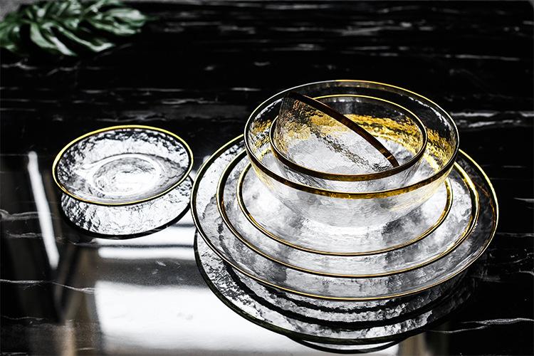 绿典 日式创意手工金边玻璃餐具 透明玻璃餐盘玻璃碗家用碗盘碟