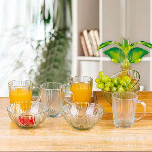繁彩玻璃杯碗水果沙拉碗凤尾磨砂玻璃餐具套装泡面碗透明碗纯色